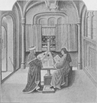 Fig. 135. Two men in a library. From a MS. of Les cas des malheureux nobles hommes et femmes in the British Museum.