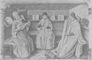 Fig. 137. Three musicians in a library. From a MS. of a French translation of Valerius Maximus, in the British Museum.