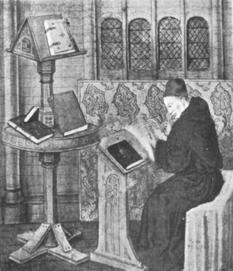 Fig. 150. A writer with his desk and table. From a MS. of Le Livre des Propriétés des Choses in the British Museum.