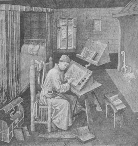 Fig. 155. A scholar's room in the fifteenth century. From a MS. in the Royal Library at Brussels.