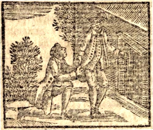 A man, down on one knee, begging a standing man