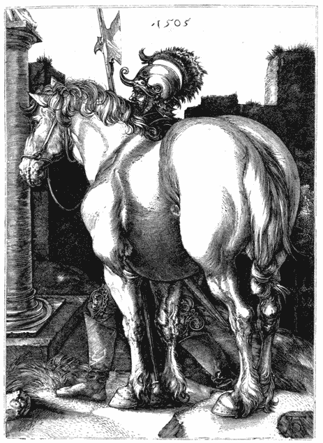 A horse, facing away, with a man in armor standing behind the horse. Buidlings in the background