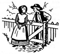 A man and a woman chat over a fence.