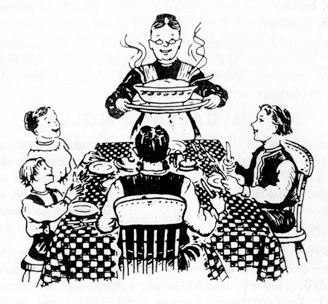 A woman brings a steaming casserole to the table where her appreciative family waits.