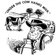 A farmer holds a milk can, while a cow stands out in a field.