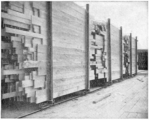 Cars Loaded with Lumber on its Edges by the Automatic Lumber
Stackers
