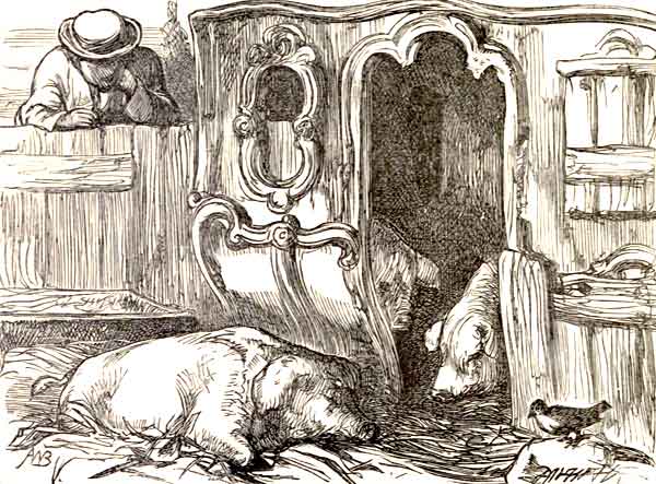THE PIGS AT HOME IN THE OLD STATE COACH.