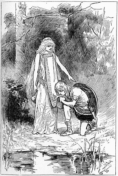 "THE BOY CHIEFTAIN KNELT AND KISSED THE HEM OF THE DARLING LITTLE
MAIDEN'S PURPLE ROBE."