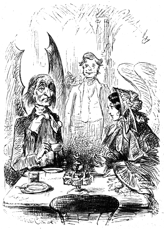Charity and the other Spirit sit at a restaurant table.