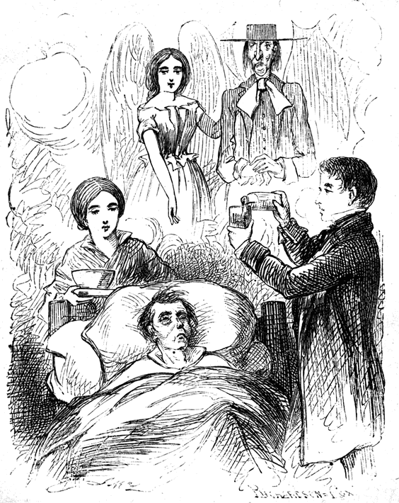 Charity and the Spirit look over a man sick in bed.