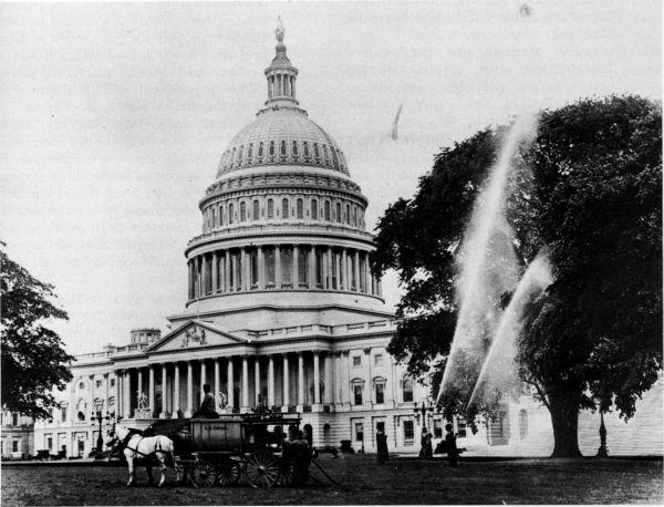 Figure 31.--Fitzhenry-Guptill power sprayer (1908), seen here spraying for elm leaf beetles on the grounds of the U.S. Capitol,
May 1911. (Catalog No. 366.)