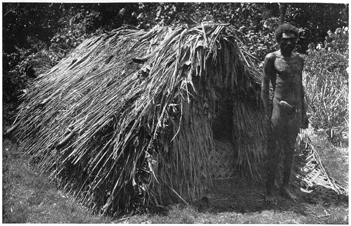 A CANNIBAL BEFORE HIS PRIMITIVE HUT ON TANNA.