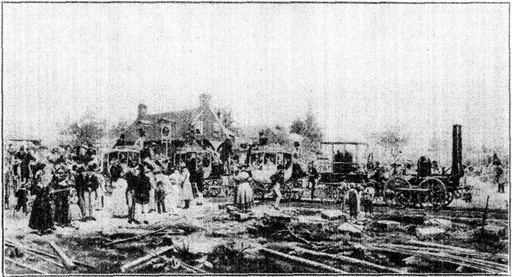 The First Passenger Train in N.Y. State Leaving
Schenectady for Albany, July 30, 1831