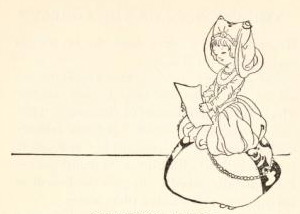[Illustration: A small girl in medieval garb holds a large document