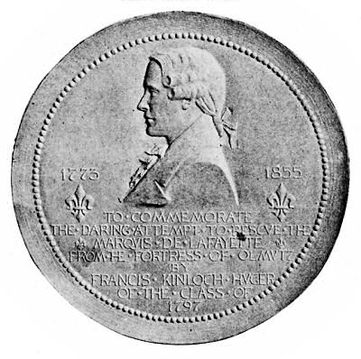 Francis Kinloch Huger.
    This bas-relief, by the sculptor R. Tait McKenzie, shows the brave young
    American who, with Dr. Bollman, attempted to rescue Lafayette from the
    great fortress of Olm&uuml;tz.