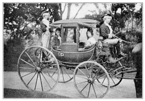 A Carriage in which Lafayette Rode. This interesting relic is now in Cooperstown, New York.
    The picture shows it being used in a present-day pageant, filled with boys and girls in
    colonial costumes. (See page 187.)