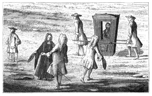 GROUP SHOWING COSTUMES AND SEDAN CHAIR, ABOUT 1720.