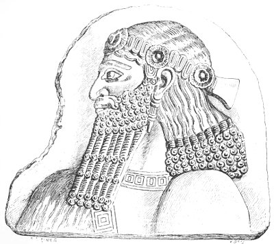 Fig. 25.—Fragment of a bas-relief in alabaster. Louvre.
Height 23 inches. Drawn by Saint-Elme Gautier.