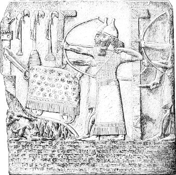 Fig. 26.—Bas-relief of Tiglath Pileser II.; from Nimroud.
British Museum. Height 44 inches. Drawn by Saint-Elme Gautier.