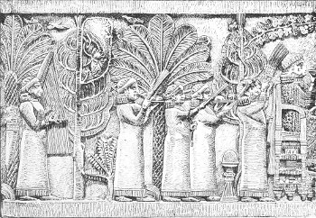Fig. 27.—Feast of Assurbanipal; from Kouyundjik. British
Museum. Height 20¾ inches. No. 1, The servants of the feast.
