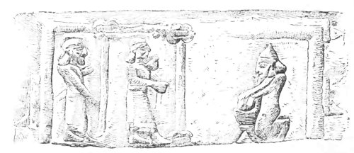 Fig. 73.—Interior of a house supported by wooden pillars;
from the gates of Balawat. British Museum.