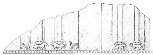 Fig. 86.—Façade of an Assyrian building; from a bas-relief
in the British Museum. Height 10 inches.