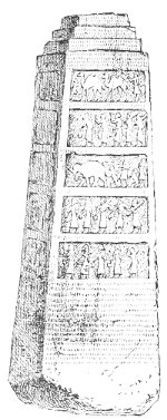 Fig. 111.—The obelisk of Shalmaneser II. in the British
Museum. Height 78 inches. Drawn by Bourgoin.