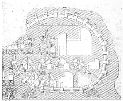Fig. 156.—Plan, section, and elevation of a fortified city;
from Layard.
