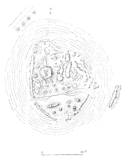 Fig. 167.—Map of the ruins of Mugheir; from Taylor.

H, H, H, H, circumference of 2,946 yards; a, platform of house; b,
pavement at edge of platform; c, tomb mound; d, e, g, h, k, l, m,
points at which excavations were made; f, f, f, f, comparatively open
space with very low mounds; n, n, graves; o, the great two-storied
ruin.