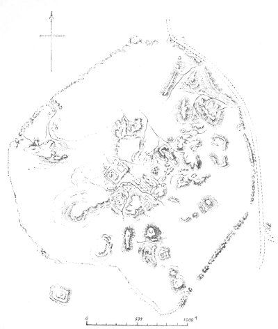 Fig. 172.—Map of Warka with its ruins; from Loftus.
A, Bouvariia; B, Wuswas; C, ruin from the Parthian epoch; D, building
decorated with coloured cones (see page 279).