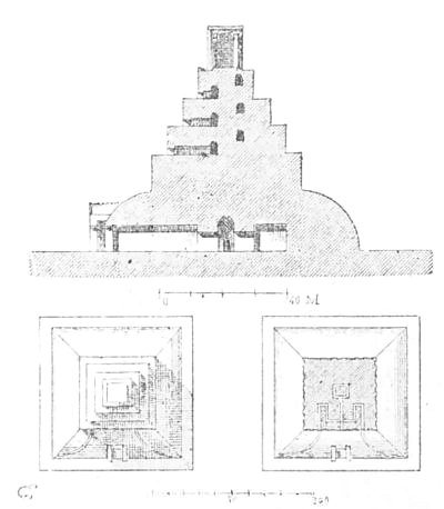 Figs. 180-182.—Square Assyrian temple. Longitudinal
section, horizontal section and plan.