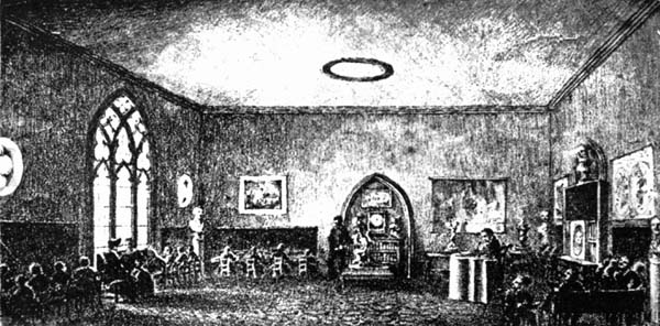 Picture of Bronson Alcott's famous Temple School,
Boston, Mass., where he taught his philosophy to young boys and girls.
It was the first school to be decorated and furnished with artistic
taste, and he believed it developed a sense of beauty and refinement.
1830-1834. The school was in the Masonic Temple.