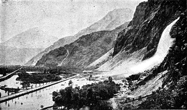 Fig. 26.—Valley of the Rhone, with the waterfall of
Sallenches, showing talus of debris.