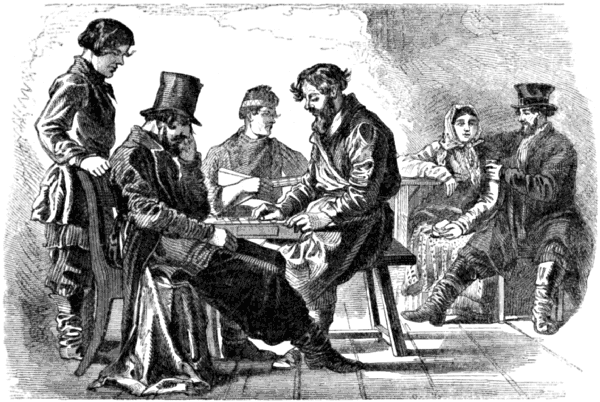 Four men gather around a table; a couple sit at another table nearby