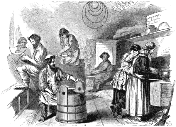 Women work at household chores while men make barrels