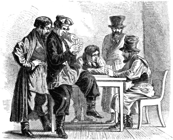 Three men look on as two others play a card game