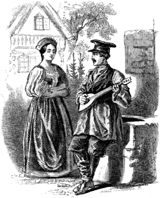 A young man plays a string instrument while a young woman looks on