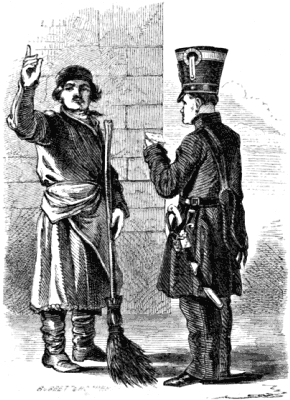 A man with a broom holds his hand in the air; a postman with a letter stands in front of him