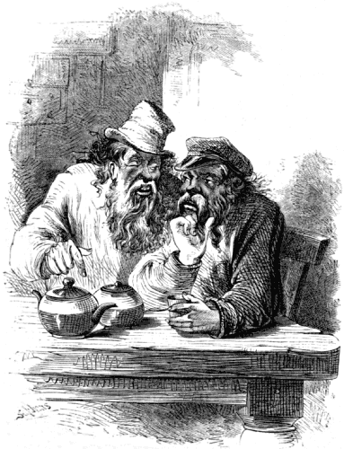 Two bearded mujiks drink tea and talk