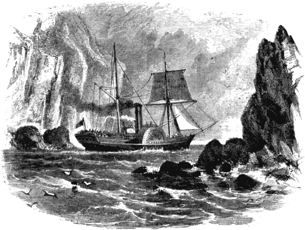 The steamer sails between rocks at the entrance