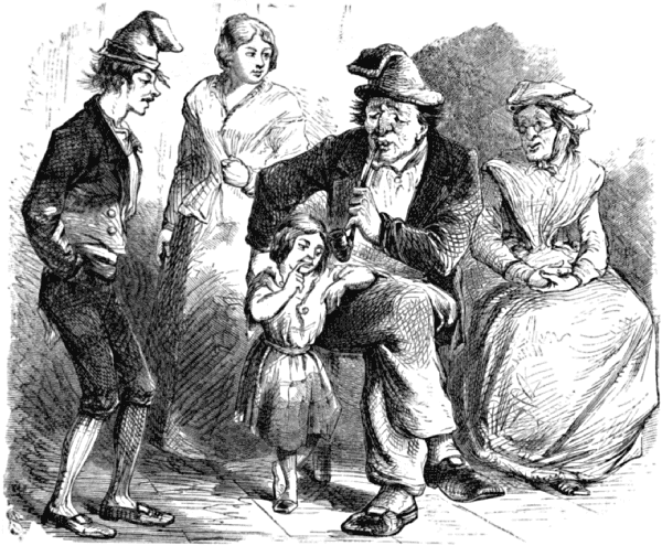 An elderly couple, seated, with a younger man and woman and a little girl