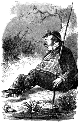 A portly man, fishing rod in hand, dozes on the river bank