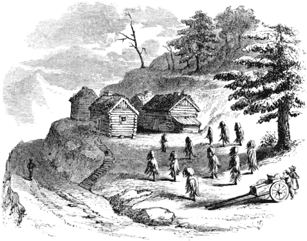 A group of small log buildings on a hillside