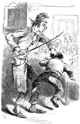 The schoolmaster usesd a cane to punish a boy