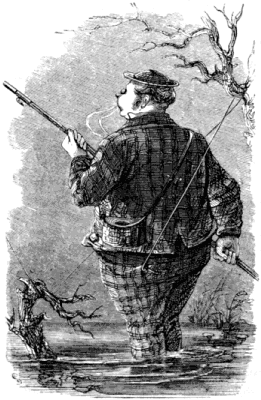 A portly man stands up to his knees in water, fishing line wrapped round him