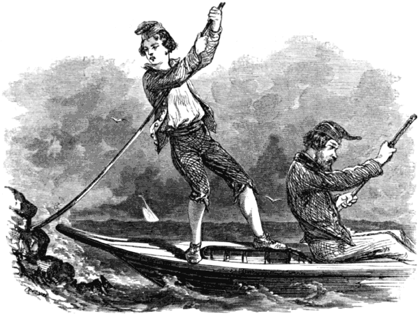 An older and younger man in a small shallow boat, the younger fending off from a rock
