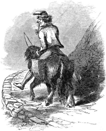 A man, his feet nearly touching the floor, riding a very small pony