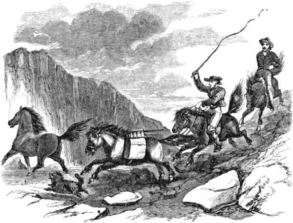 Riders and pack horses travel down a rocky incline