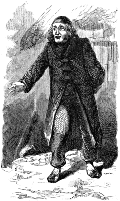 A gaunt man, wearing a huge black coat and skullcap