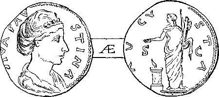 BRASS OF ANTONINUS PIUS, IN HONOUR OF FAUSTINA, WITH
REVERSE SHOWING VESTA BEARING THE PALLADIUM